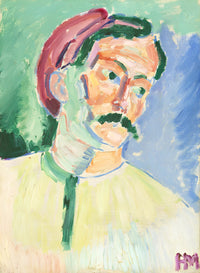 André Derain by Henri Matisse: a man with a moustache and red cap painted in bold strokes of pink, green and blue