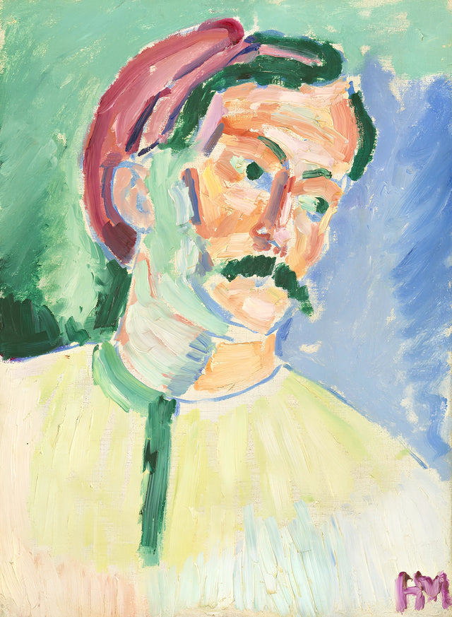 André Derain by Henri Matisse: a man with a moustache and red cap painted in bold strokes of pink, green and blue