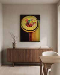 Apples by Henri Matisse in a black frame above a walnut sideboard in a dining room