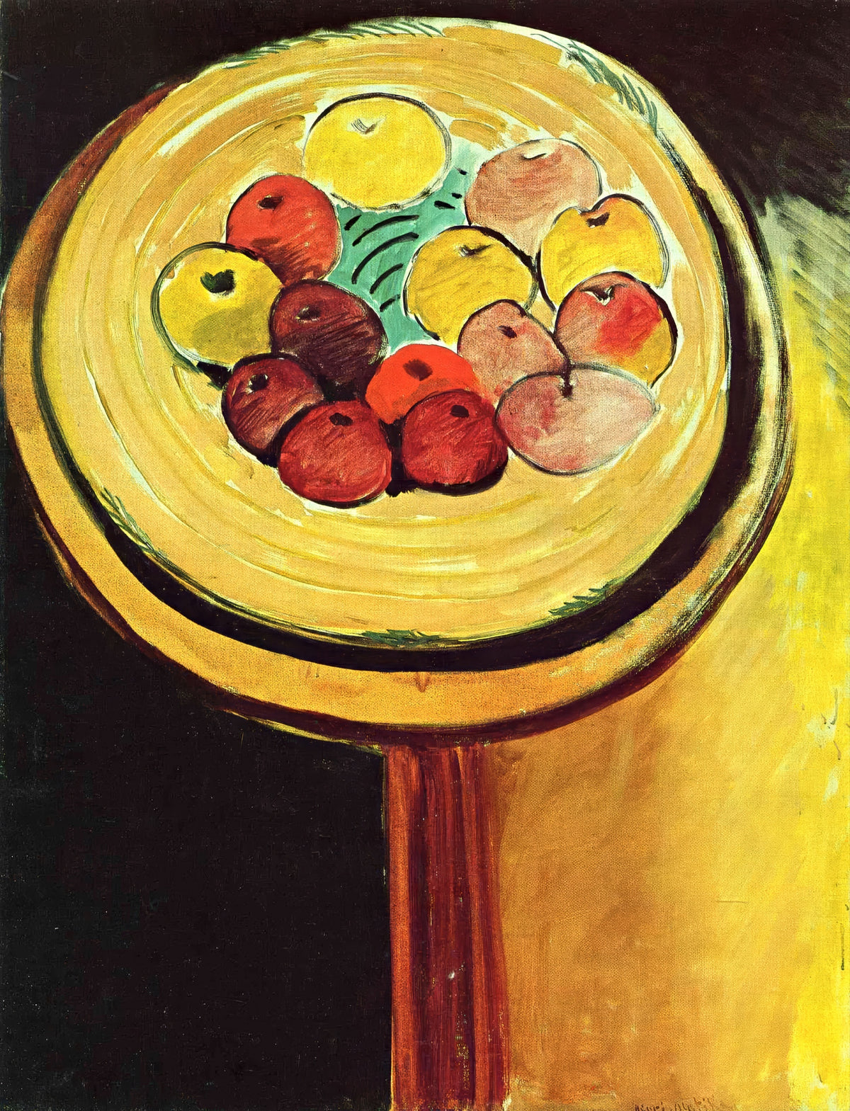 Apples by Henri Matisse: a bowl of red and yellow apples on a round orange table, seen from above, against a black background