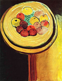Apples by Henri Matisse: a bowl of red and yellow apples on a round orange table, seen from above, against a black background