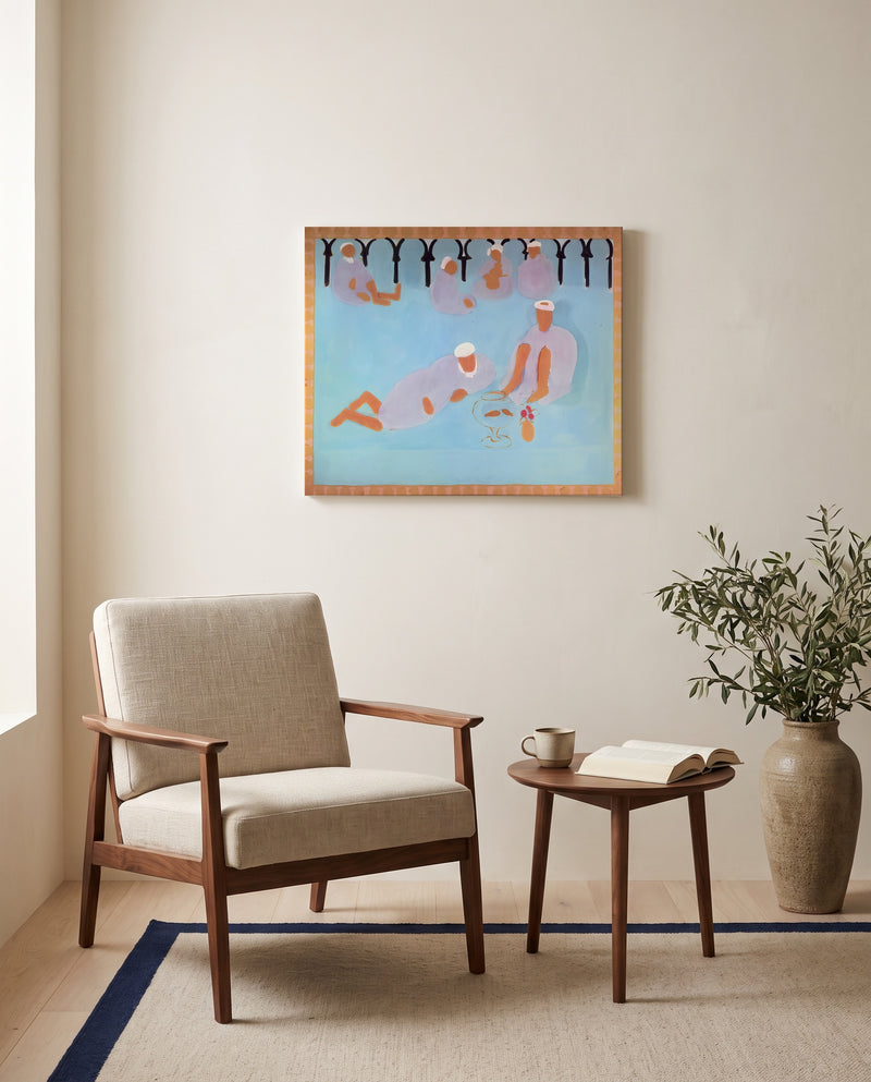 Arab Coffeehouse by Henri Matisse as a stretched canvas above a linen lounge chair in a reading corner