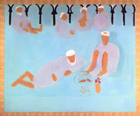 Arab Coffeehouse by Henri Matisse: pale figures resting in a turquoise café around a goldfish bowl under an arched frieze