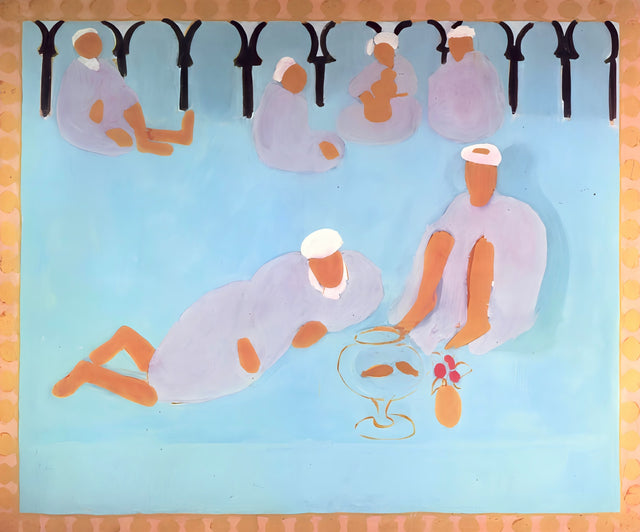 Arab Coffeehouse by Henri Matisse: pale figures resting in a turquoise café around a goldfish bowl under an arched frieze