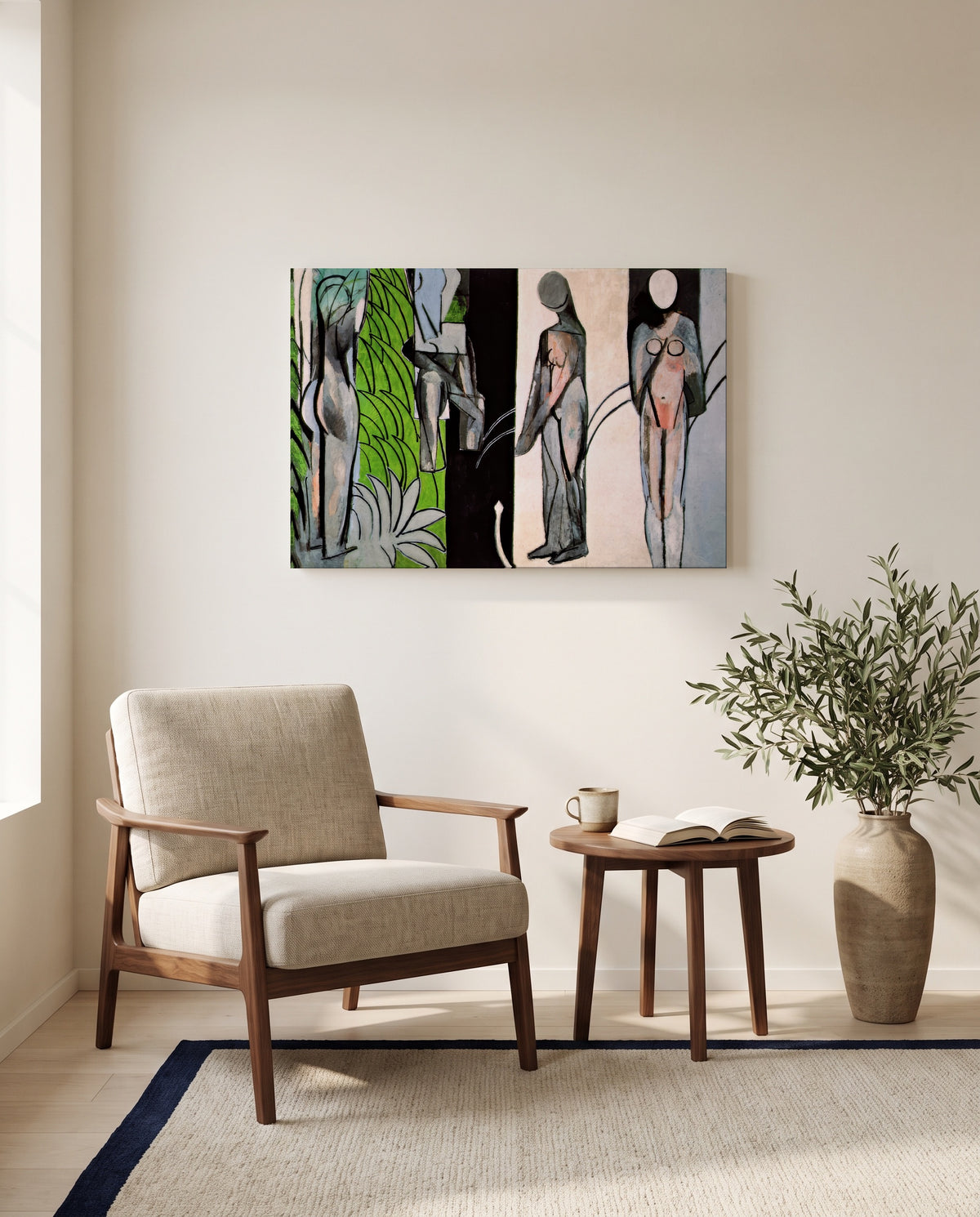 Bathers by a River by Henri Matisse as a stretched canvas above a linen lounge chair in a reading corner