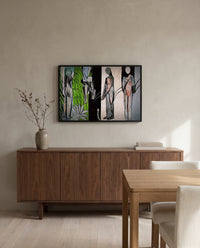 Bathers by a River by Henri Matisse in a black frame above a walnut sideboard in a dining room