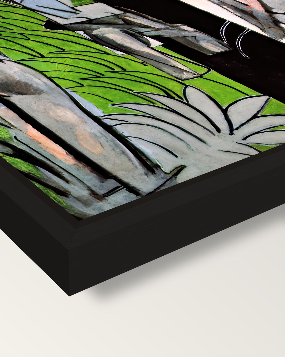 Bathers by a River by Henri Matisse framed canvas, corner close-up: a black floating frame with a shadow gap round the canvas