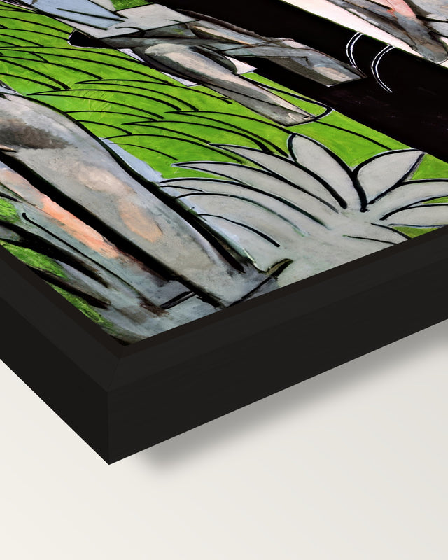 Bathers by a River by Henri Matisse framed canvas, corner close-up: a black floating frame with a shadow gap round the canvas