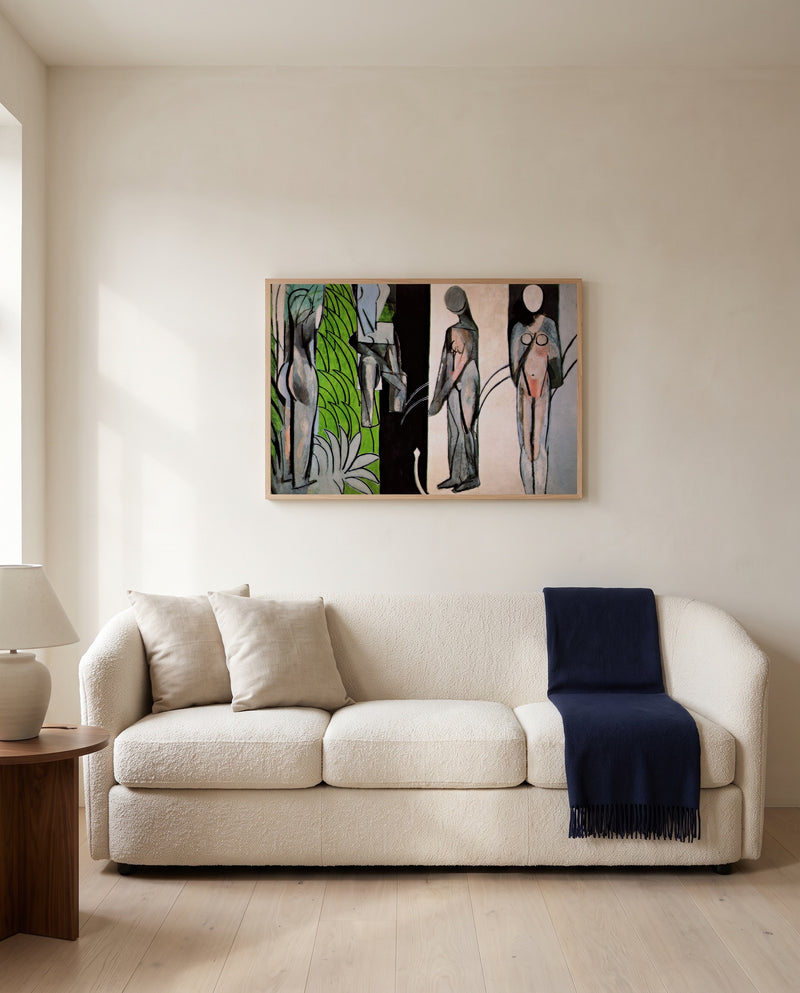Bathers by a River by Henri Matisse framed in natural oak above a cream sofa in a warm living room