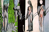 Bathers by a River by Henri Matisse: four grey abstract nude figures against vertical bands of green, black, white and blue