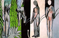 Bathers by a River by Henri Matisse: four grey abstract nude figures against vertical bands of green, black, white and blue