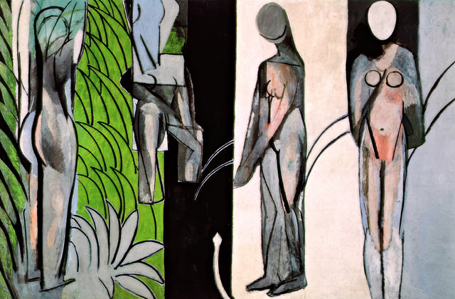 Bathers by a River by Henri Matisse: four grey abstract nude figures against vertical bands of green, black, white and blue
