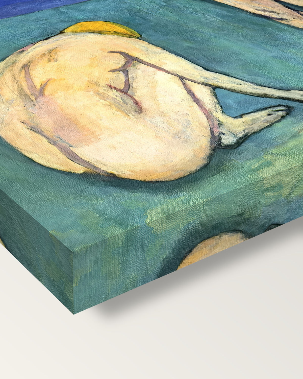 Bathers with a Turtle by Henri Matisse on stretched canvas, corner close-up: the painting mirror-wrapped round the sides