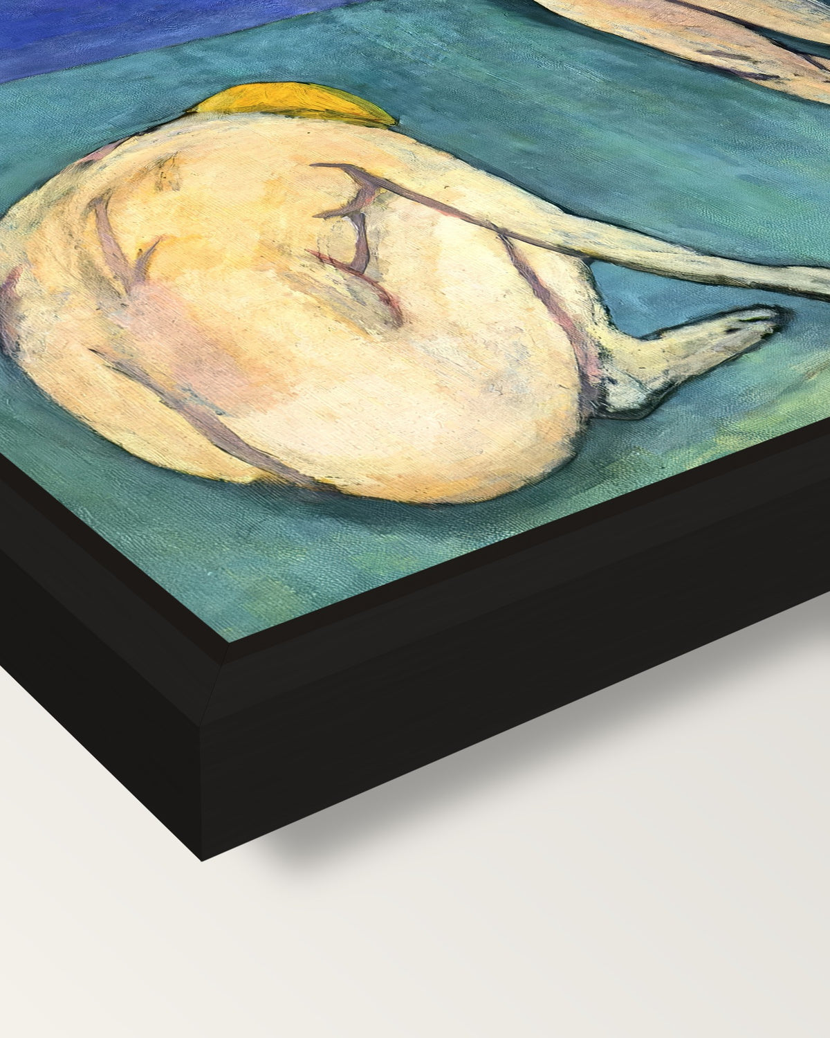 Bathers with a Turtle by Matisse framed canvas, corner close-up: a black floating frame with a shadow gap round the canvas