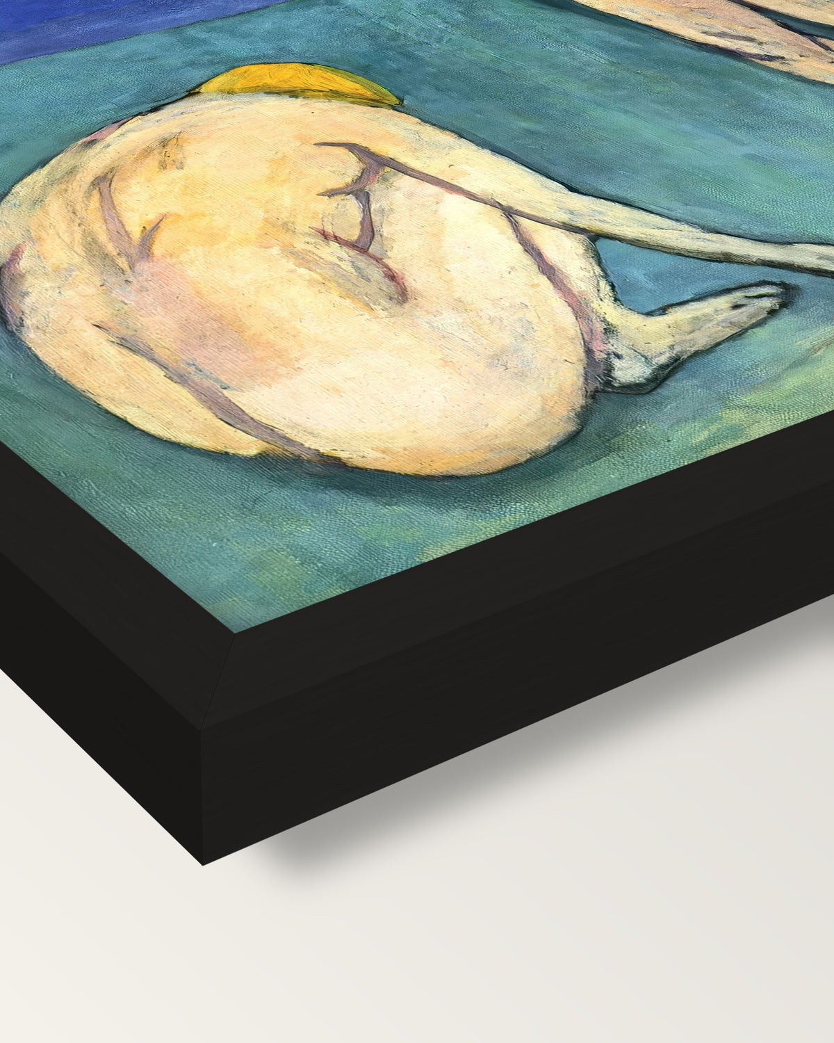 Bathers with a Turtle by Matisse framed print, corner close-up: black moulding, mitred, the print set just below its edge