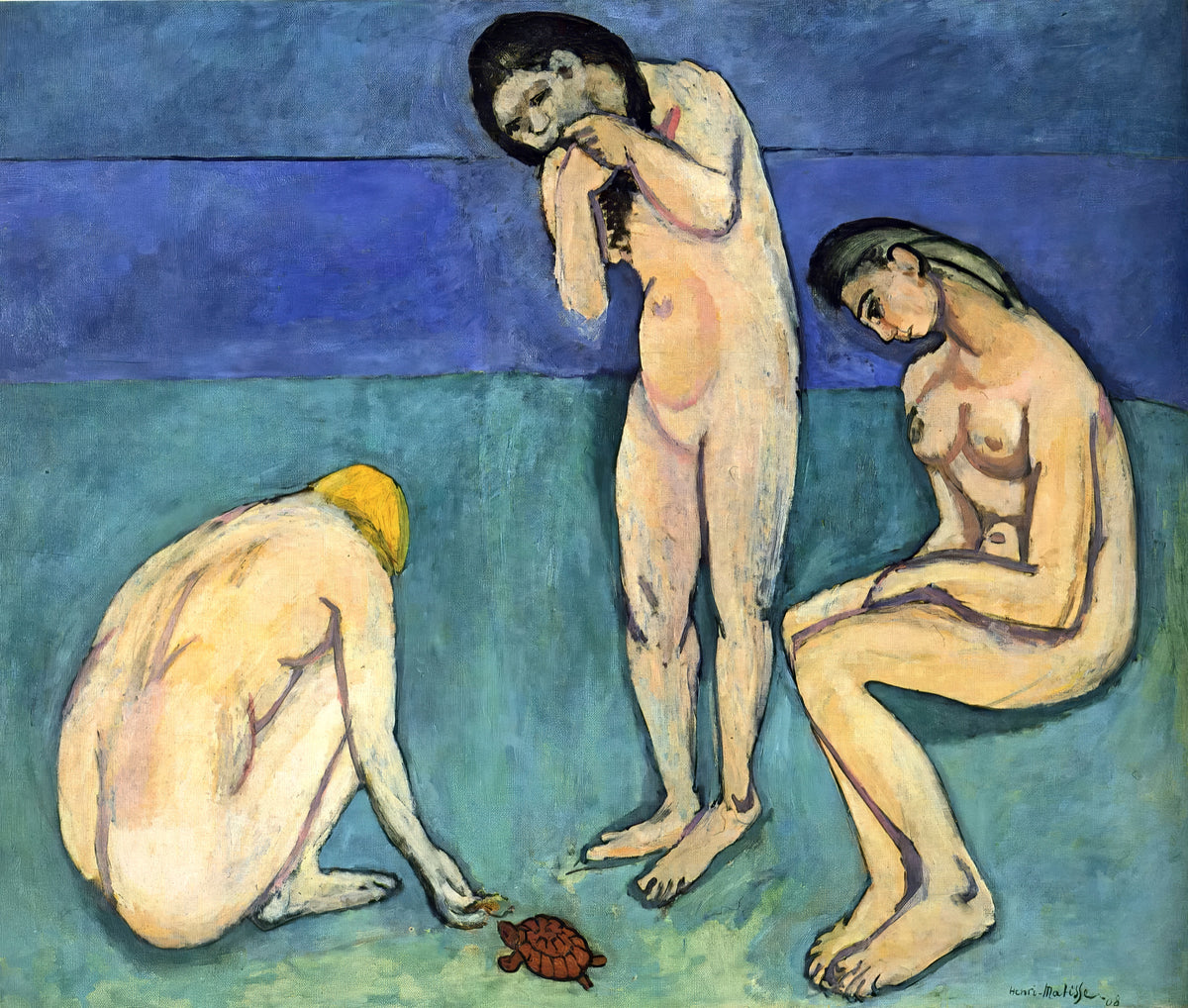 Bathers with a Turtle by Henri Matisse: three nude bathers on a green shore before a blue sea, one feeding a small turtle