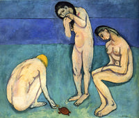 Bathers with a Turtle by Henri Matisse: three nude bathers on a green shore before a blue sea, one feeding a small turtle