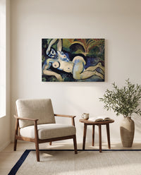 Blue Nude by Henri Matisse as a stretched canvas above a linen lounge chair in a reading corner
