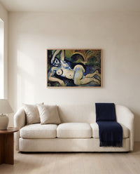 Blue Nude by Henri Matisse framed in natural oak above a cream sofa in a warm living room