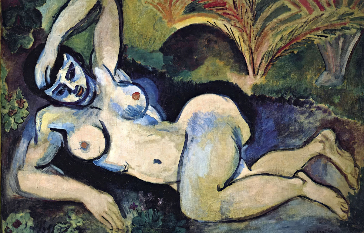 Blue Nude by Henri Matisse: a reclining nude woman painted with thick blue outlines among palms and green foliage