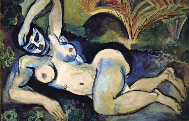 Blue Nude by Henri Matisse: a reclining nude woman painted with thick blue outlines among palms and green foliage