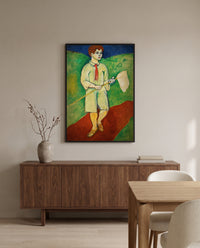 Boy with Butterfly Net by Henri Matisse in a black frame above a walnut sideboard in a dining room