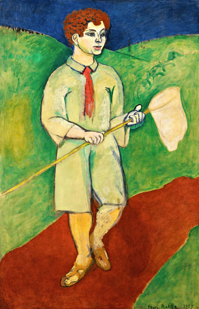 Boy with Butterfly Net by Henri Matisse: a red-haired boy in a pale suit holding a butterfly net against green and blue