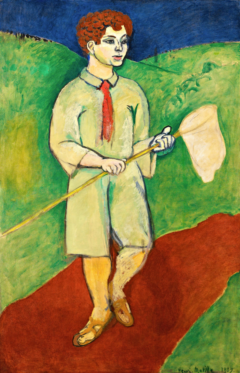 Boy with Butterfly Net by Henri Matisse: a red-haired boy in a pale suit holding a butterfly net against green and blue