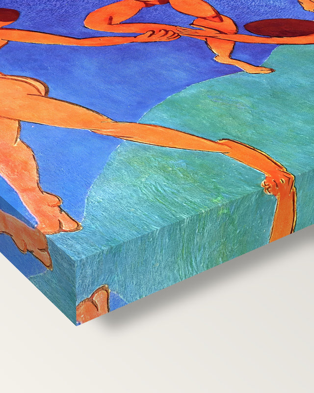 Dance (II) by Henri Matisse on stretched canvas, corner close-up: the painting mirror-wrapped round the sides