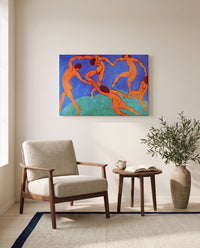 Dance (II) by Henri Matisse as a stretched canvas above a linen lounge chair in a reading corner