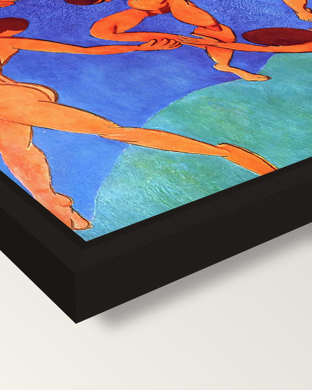 Dance (II) by Henri Matisse framed canvas, corner close-up: a black floating frame with a shadow gap round the canvas
