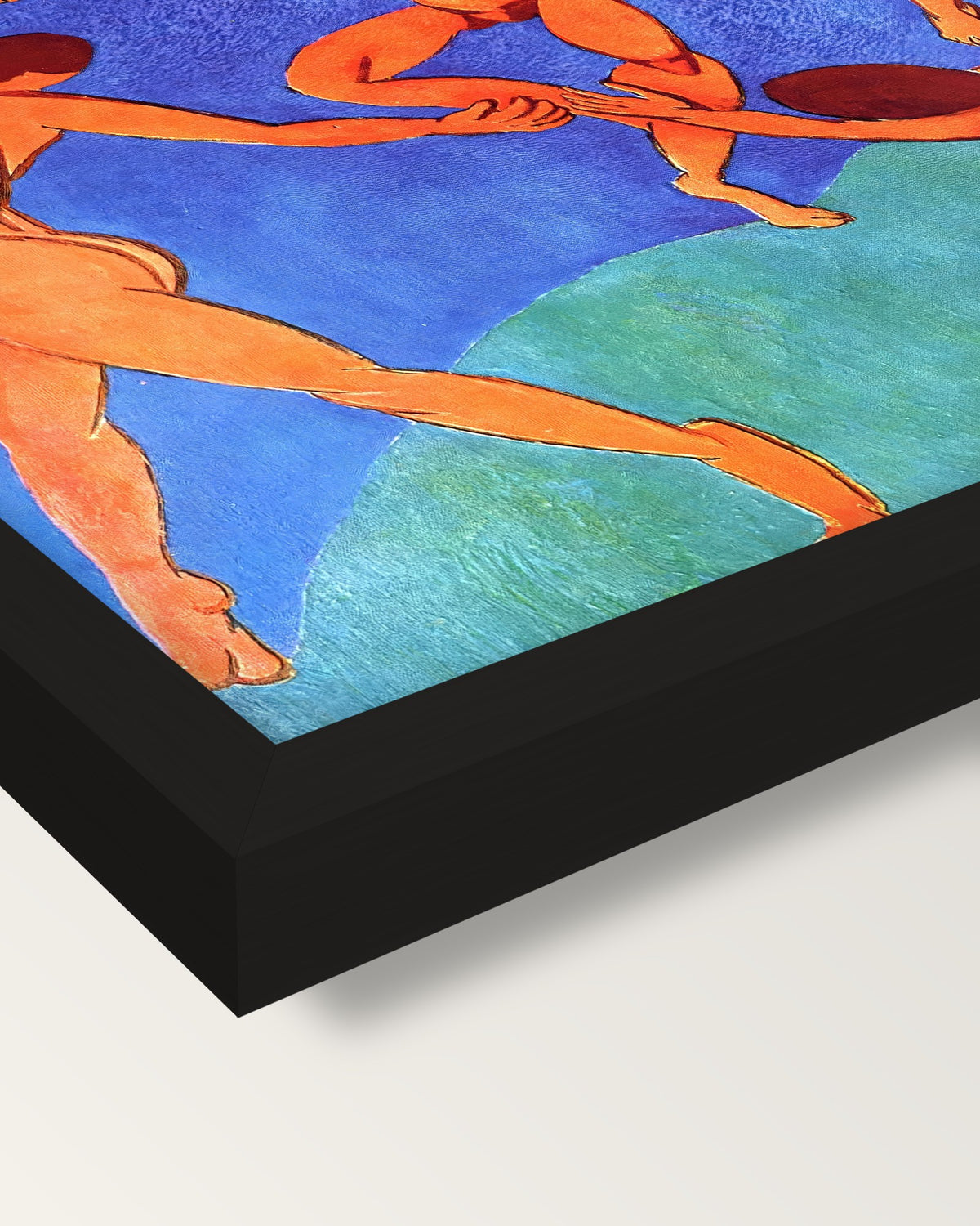 Dance (II) by Henri Matisse framed print, corner close-up: black moulding, mitred, the print set just below its edge