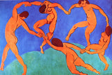 Dance by Henri Matisse: five red nude figures dancing in a ring on a green hill against a deep blue sky