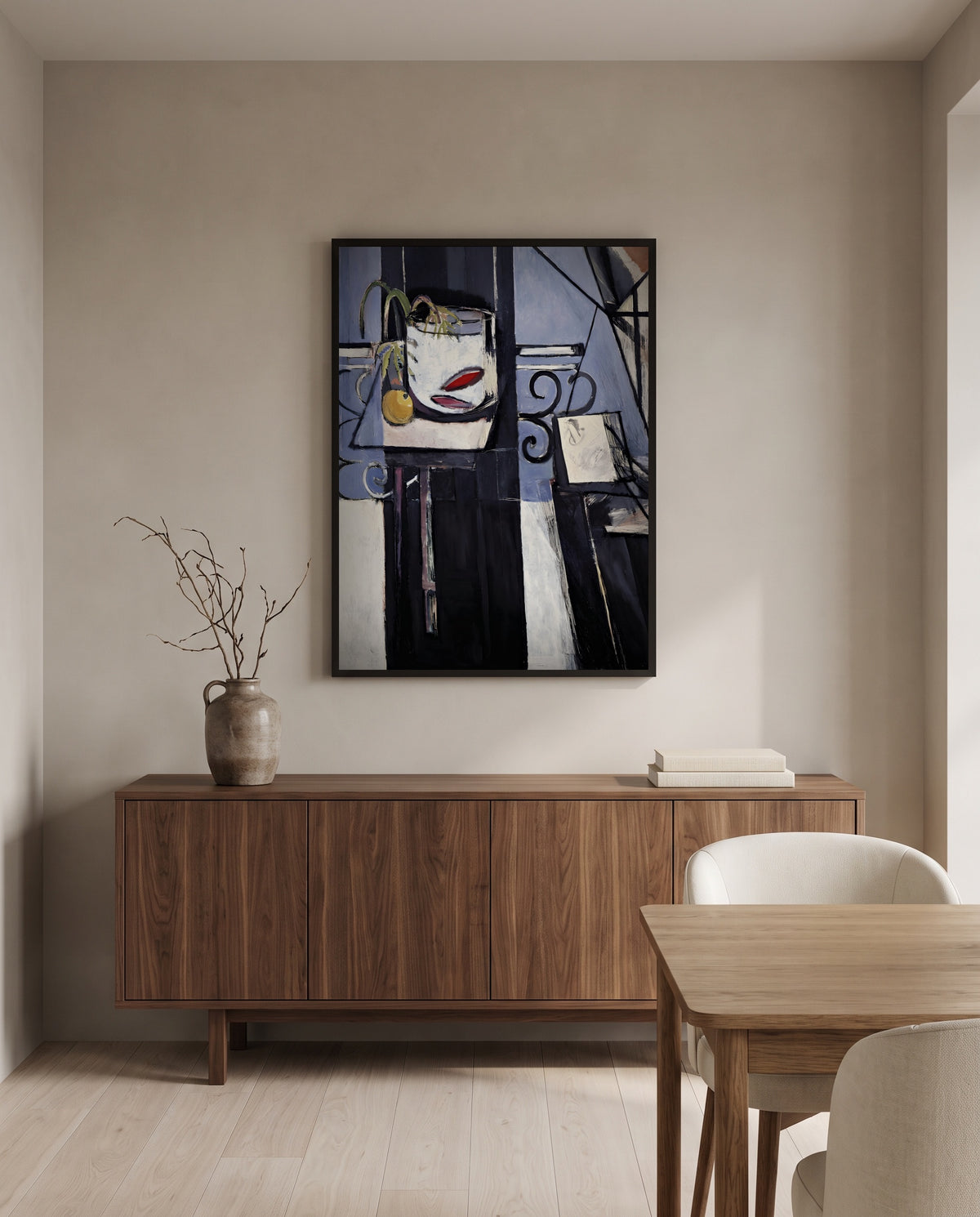 Goldfish and Palette by Henri Matisse in a black frame above a walnut sideboard in a dining room