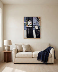 Goldfish and Palette by Henri Matisse framed in natural oak above a cream sofa in a warm living room