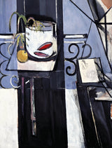 Goldfish and Palette by Henri Matisse: a goldfish bowl on a little table before tall black and blue planes and an iron rail