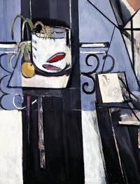 Goldfish and Palette by Henri Matisse: a goldfish bowl on a little table before tall black and blue planes and an iron rail