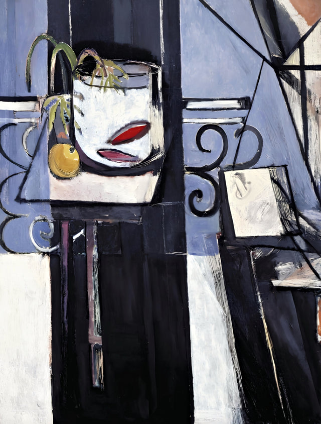 Goldfish and Palette by Henri Matisse: a goldfish bowl on a little table before tall black and blue planes and an iron rail
