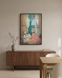 Interior at Nice by Henri Matisse in a black frame above a walnut sideboard in a dining room