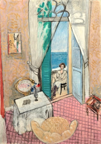 Interior at Nice by Henri Matisse: a hotel room with pink tiles and a tall open window, a woman on the balcony by the sea