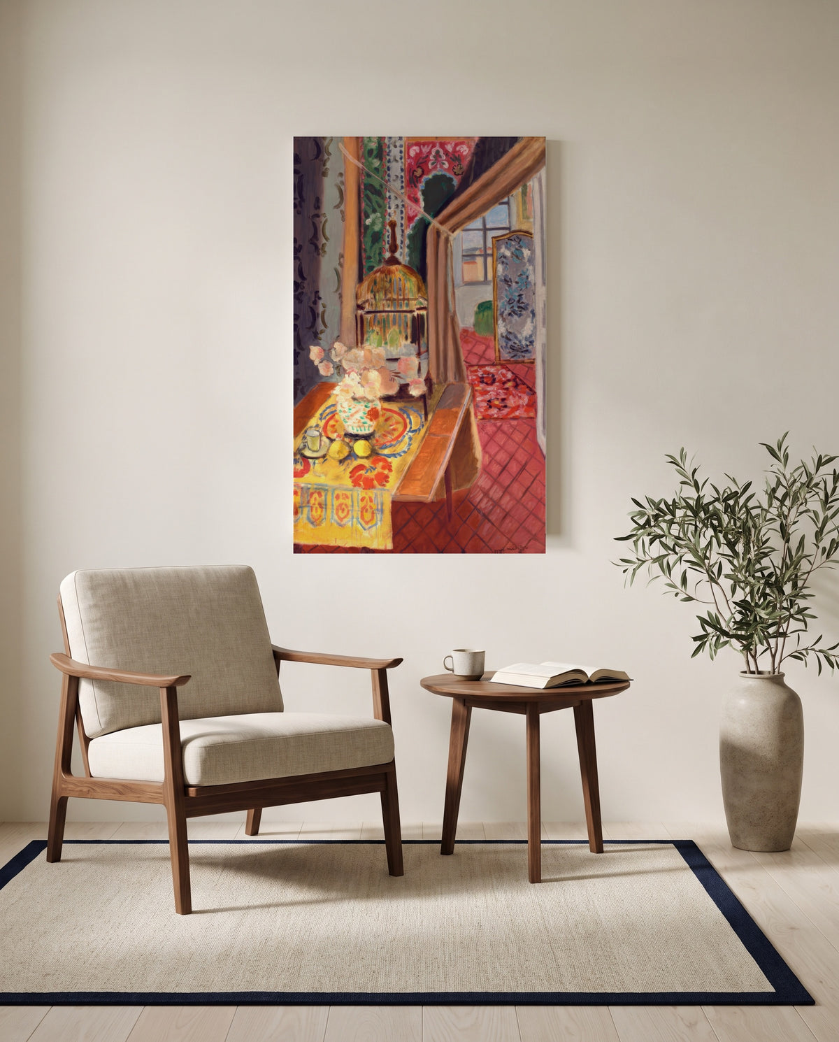 Flowers and Parakeets by Henri Matisse as a stretched canvas above a linen lounge chair in a reading corner