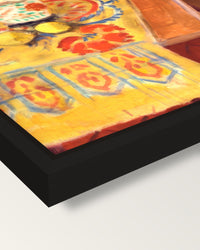Flowers and Parakeets by Matisse framed canvas, corner close-up: a black floating frame with a shadow gap round the canvas