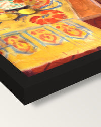 Flowers and Parakeets by Matisse framed print, corner close-up: black moulding, mitred, the print set just below its edge