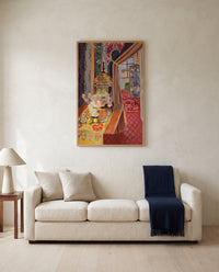 Flowers and Parakeets by Henri Matisse framed in natural oak above a cream sofa in a warm living room