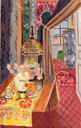 Interior, Flowers and Parakeets by Henri Matisse: a table with flowers and a birdcage by a tall window, red patterned floor