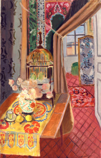 Interior, Flowers and Parakeets by Henri Matisse: a table with flowers and a birdcage by a tall window, red patterned floor
