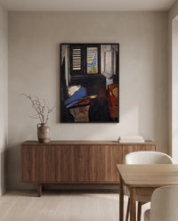 Interior with a Violin by Henri Matisse in a black frame above a walnut sideboard in a dining room
