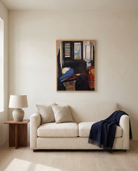 Interior with a Violin by Henri Matisse framed in natural oak above a cream sofa in a warm living room