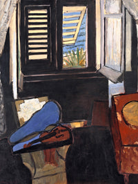 Interior with a Violin by Henri Matisse: a dark room, a blue violin case on a chair, a shuttered window onto palms