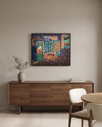 Interior with Aubergines by Henri Matisse in a black frame above a walnut sideboard in a dining room